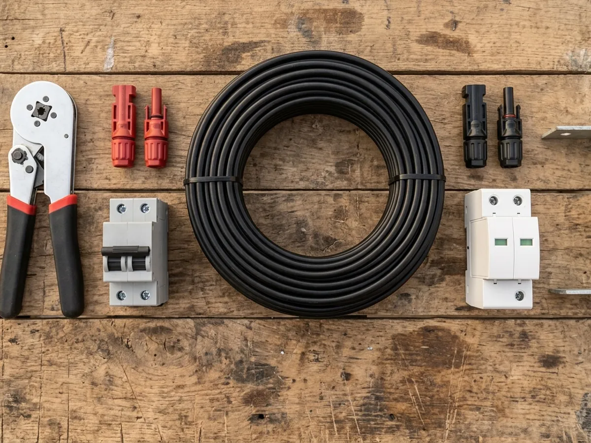 Solar cables, MC4 connectors and a DC breaker laid out on a table