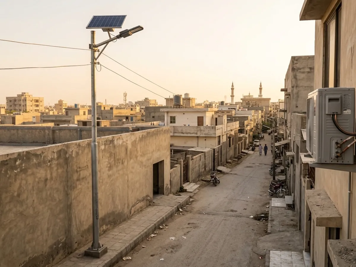 A solar street light and a split air conditioner outdoor unit in Karachi