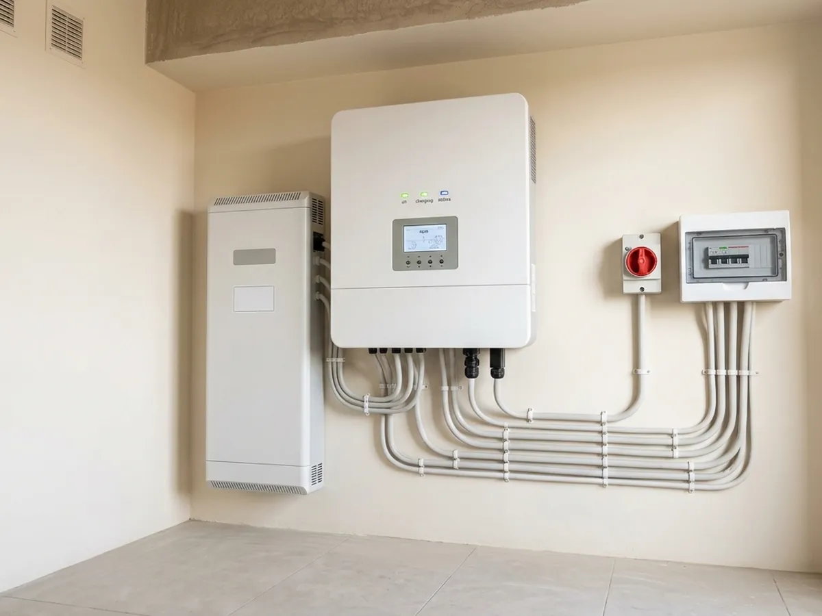 A wall-mounted lithium battery next to a hybrid inverter