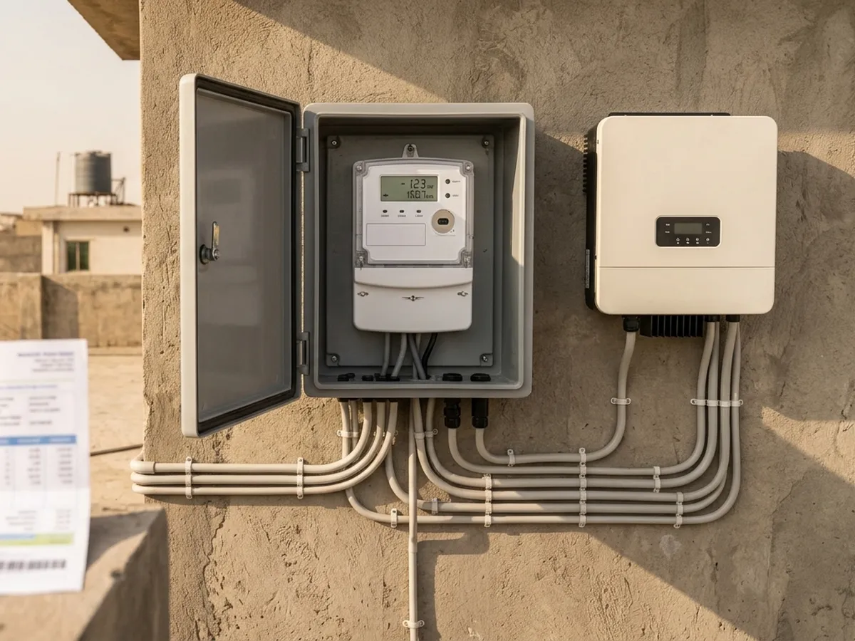 A K-Electric style electricity meter beside a home inverter