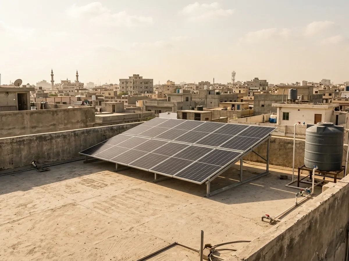 Solar panels on a Karachi rooftop with the city skyline behind