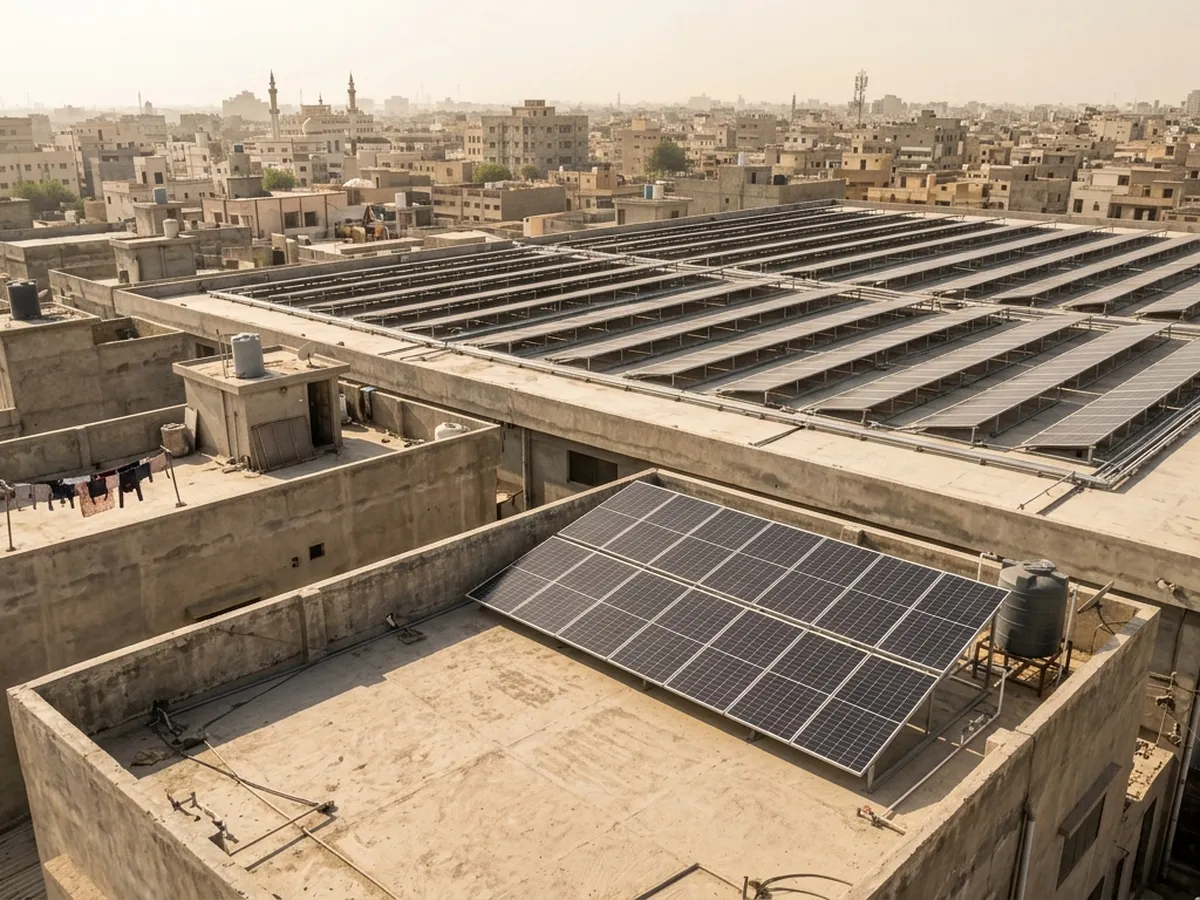 Rooftop solar panels on a residential building next to a commercial block in Karachi