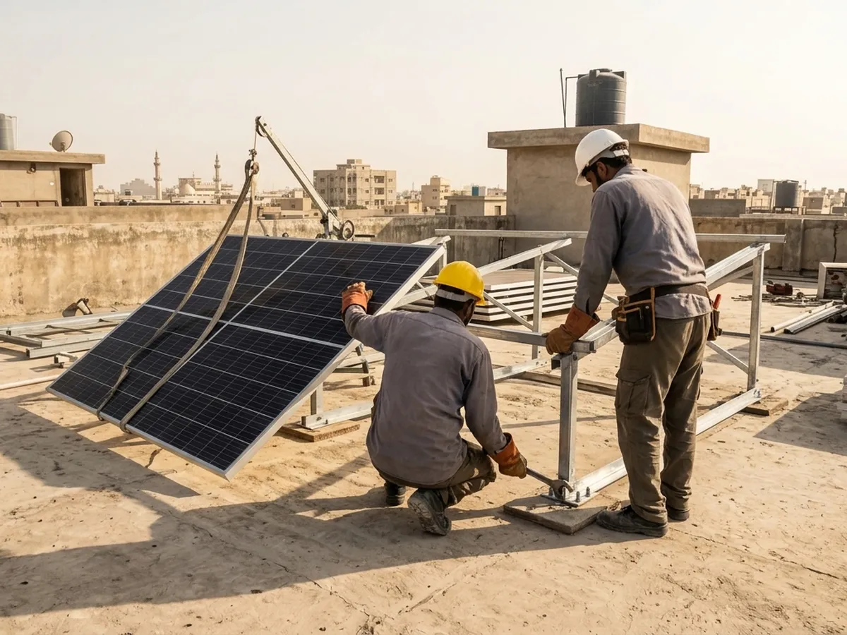 Technicians fixing a solar panel mounting structure on a Karachi rooftop
