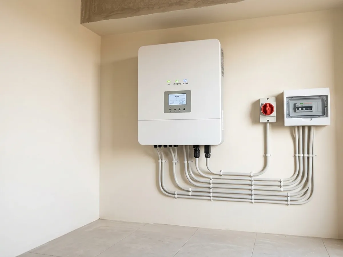 A wall-mounted hybrid solar inverter with cables in a Karachi home