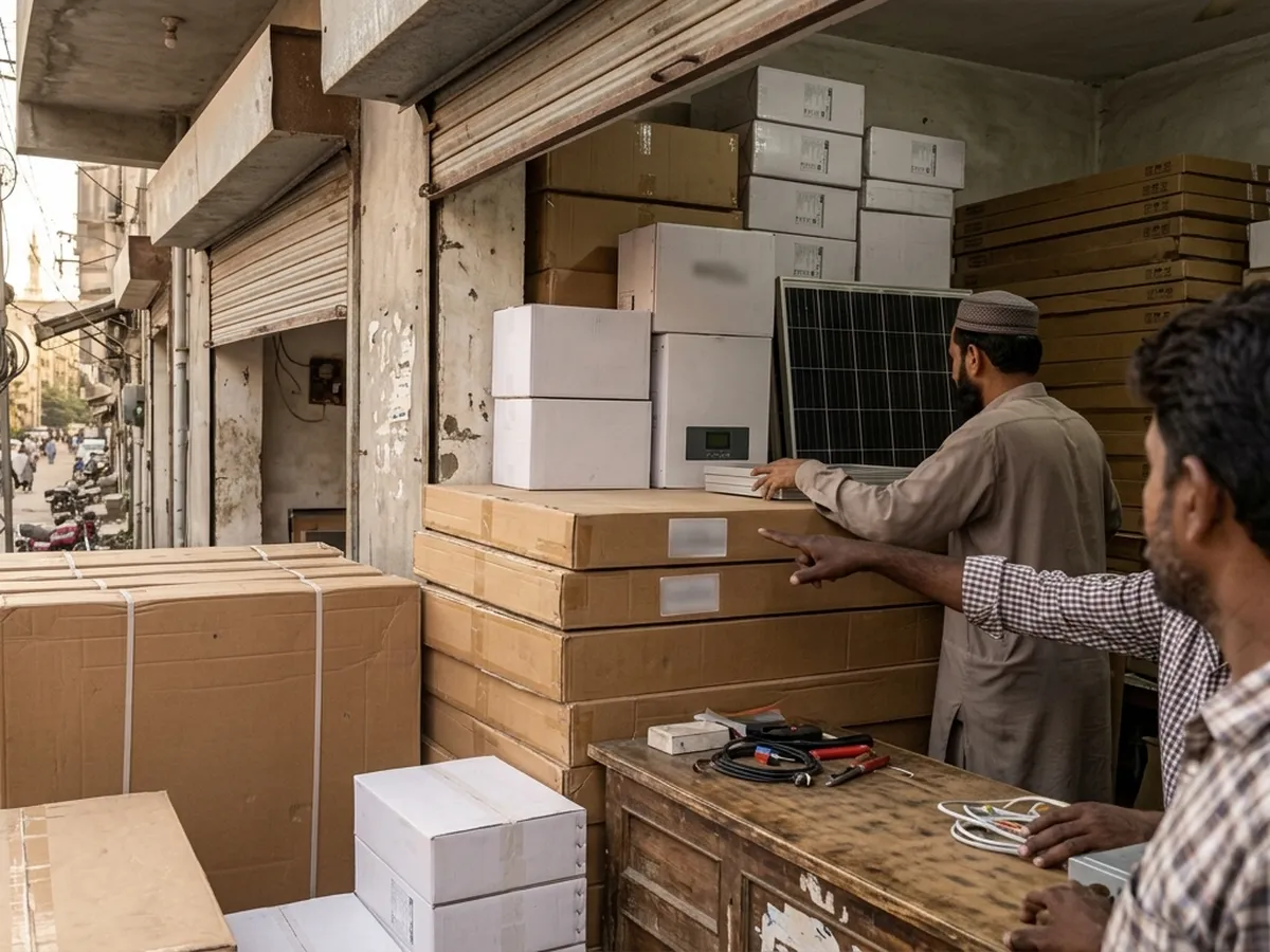 A shopkeeper showing boxed solar panels in a Karachi electrical market