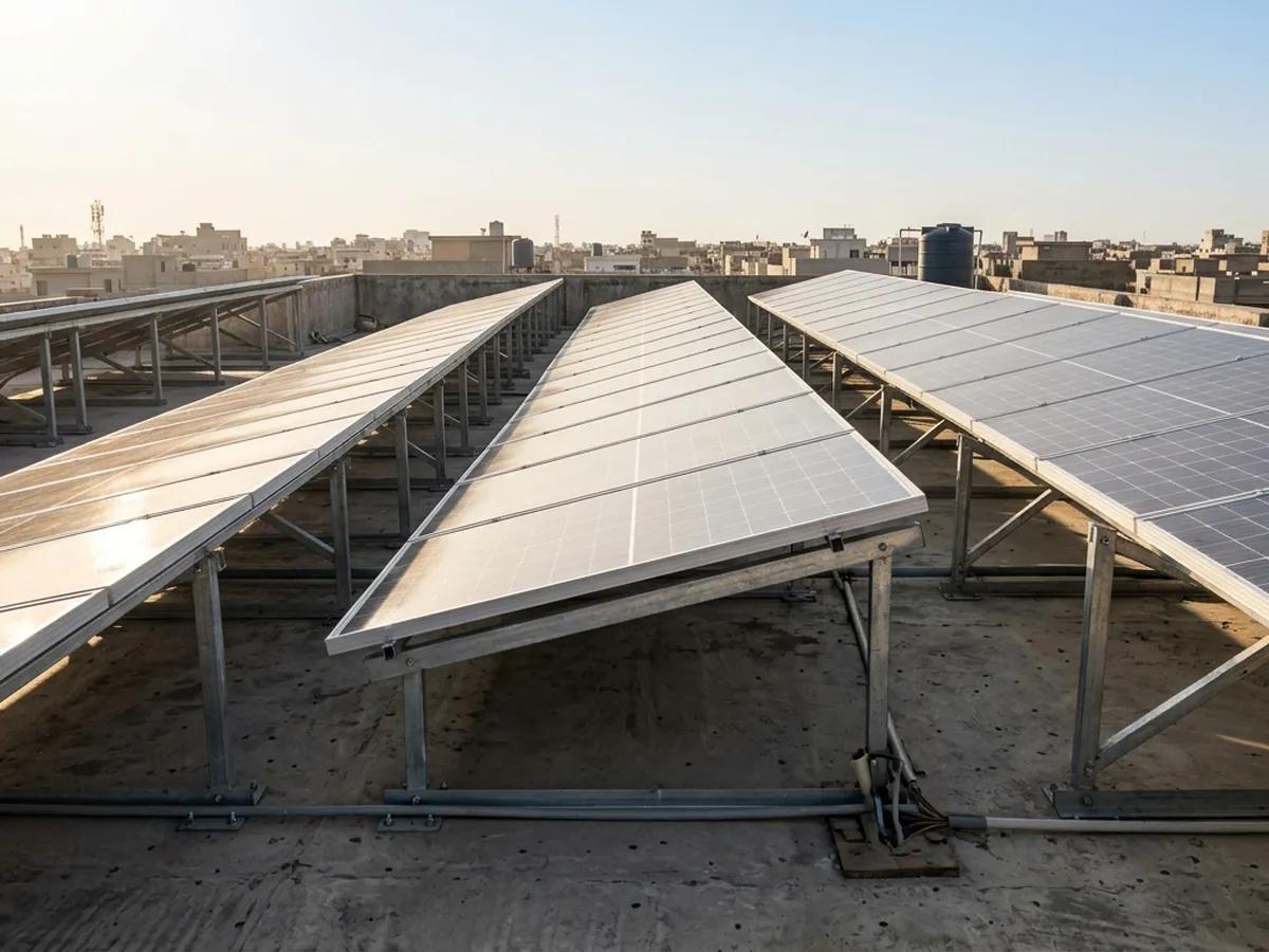 Rows of solar panels on a flat rooftop in Karachi