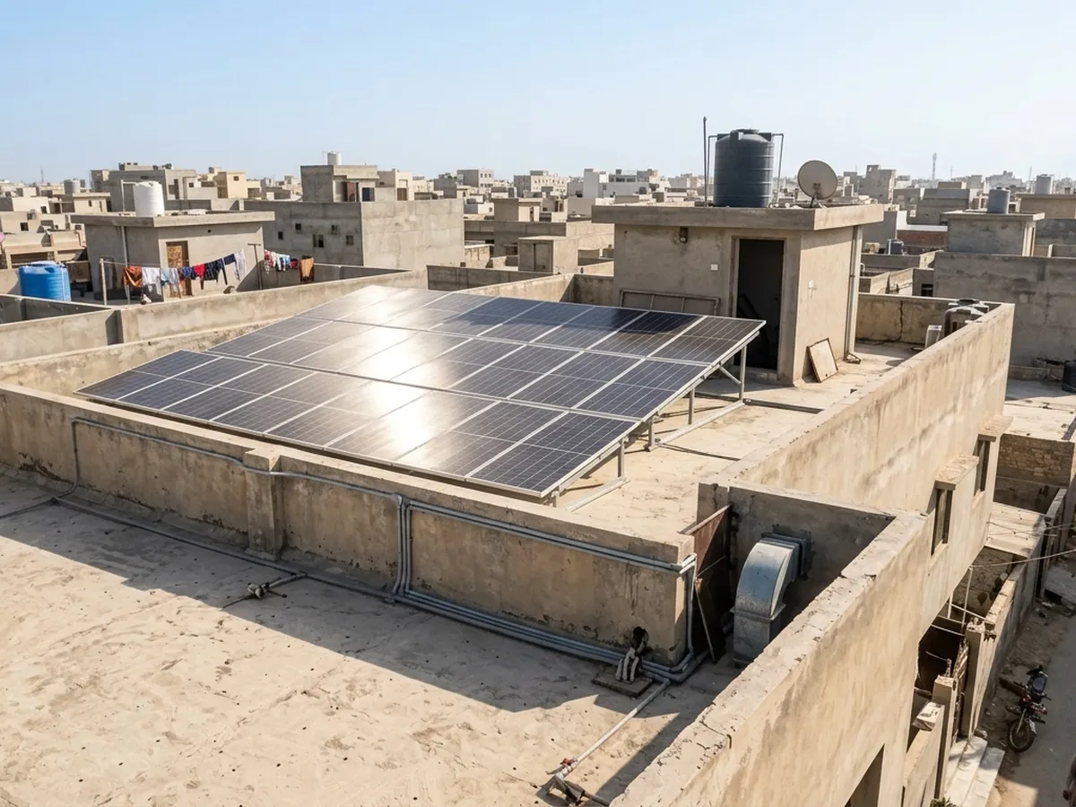 A completed rooftop solar system on a house in Karachi